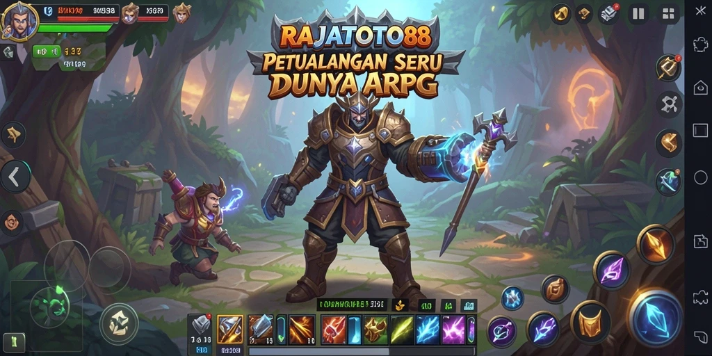 Screenshot gameplay RAJATOTO88 dengan pertempuran seru di latar belakang.