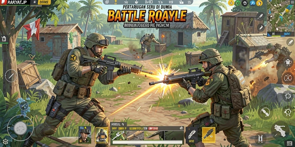 Screenshot utama RAKYATJP menampilkan pemain dalam aksi pertempuran Battle Royale.