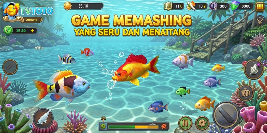 Gameplay TVTOTO saat memancing di lautan dengan grafik indah.
